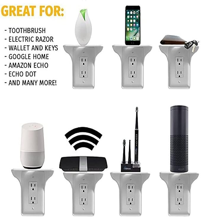 2 Pack Single Wall Outlet Shelf Home Wall Shelf Organizer for Outlets, Perfect for Bathroom Kitchen Bedroom with Cord Management and Easy Installation. (White)