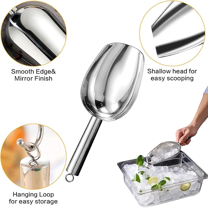 Metal Ice Scoop，Kitchen Ice Scooper for Ice Maker,Stainless Steel Small Ice Scooper for Freezer，Kitchen Gadgets Cookie Flour Pet Dog Food Scoop (silver, 12oz)