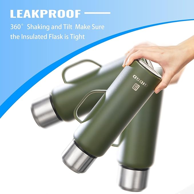 Insulated Vacuum Thermo Bottle 1000ml/33.8oz with Cup Stainless Steel Coffee Bottles for Hot and Cold Drink Water Flask.(Silver, with Handle, 1000ml)