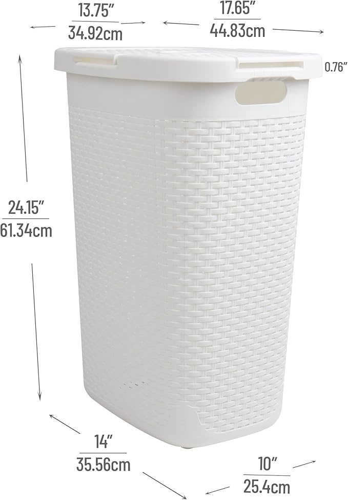 Mind Reader Slim Laundry Hamper with Lid, 60L Tall Clothes Basket, Narrow Tapered Design for Bathrooms, Closets and Laundry Rooms, Plastic, 2 Pack, White
