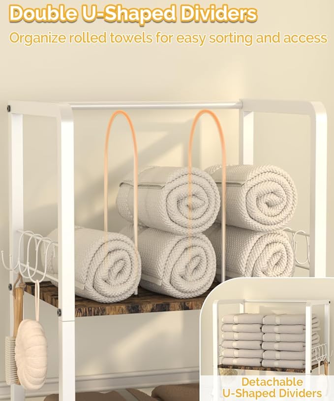 Free Standing Towel Racks for Bathroom with U-Shaped Detachable Dividers, 3-Tier Floor Towels Holder Stand with Shelf & 8 S-Hooks, Metal Pool Towel Storage Organizer for Home, Poolside, White
