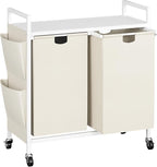 WOWLIVE Double Laundry Hamper with Lid,Rolling Laundry Basket Organizer with Wheels, Iron-Made Laundry Sorter with Top Shelf and 2 Removable Bags,Large Clothes Storage for Room,White