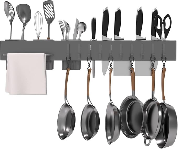 Stainless Steel Pot and Pan Hanger,Wall Mounted Pot Rack Kitchen Hanging Rail With S Hooks,Detachable Pans Hanging Rail Kitchen Utensils Hanger,23.7 Inch Wall Mounted Hanging Pot Rack