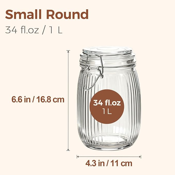 ComSaf 34oz Ribbed Glass Jars with Airtight Latch Lids - Set of 3 Farmhouse Vintage Canisters for Coffee, Sourdough Starter, Dry Goods & Fermenting, Pantry Organization & Kitchen Decor