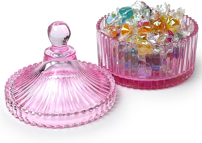 Colorful Glass Jar With Lid,Candy Cookie Jars,Valentine Easter Candy Dish,Jewelry Box,Cutecore Room Decor,Biscuit Containers Food Storage(Pink)