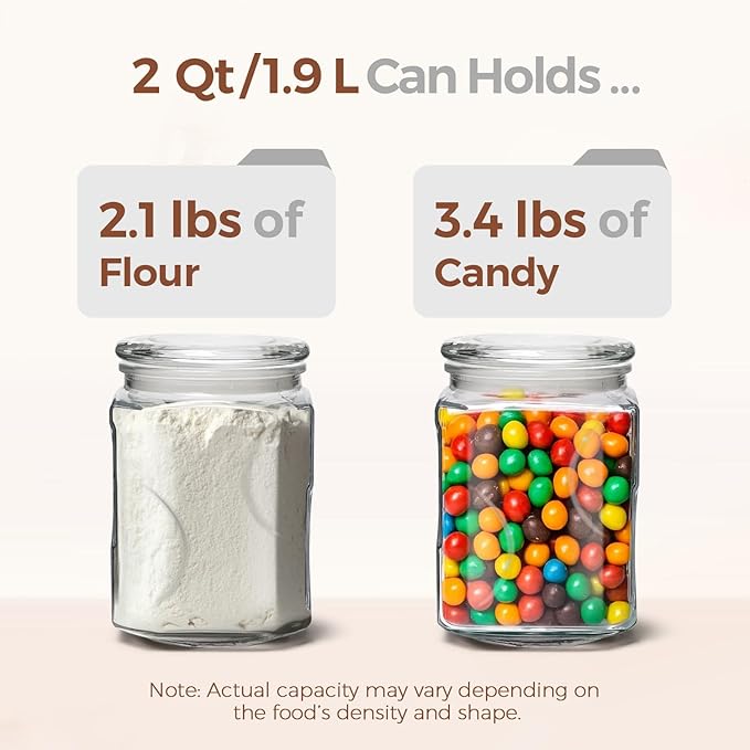 ComSaf 64 oz Glass Jar with Lid, 2 QT Pantry Storage Containers set with Glass Lids, Flour Sugar Storage Containers, Half Gallon Jars for Kitchen Storage and Laundry Room Containers, Set of 2