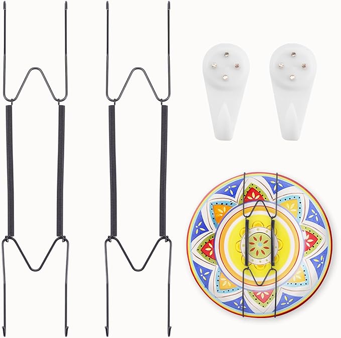 2 Pack Plate Hangers for Wall, Suitable for 10-14 inch Art Plate, Stainless Steel Invisible Heavy-Duty Wire Plate Holder with Wall Hooks, Display Hanger for Decorative Plates/Dishes/Platters(Black)