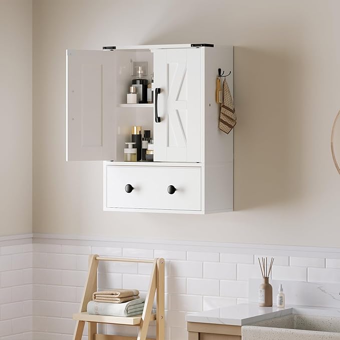 Bathroom Wall Cabinet, Medicine Cabinet with Fabric Drawer, Double-Door Wall Mounted Storage Cabinet, 2 Hooks, Over The Toilet Space Saver Storage Cabinet, for Bathroom, Kitchen, White