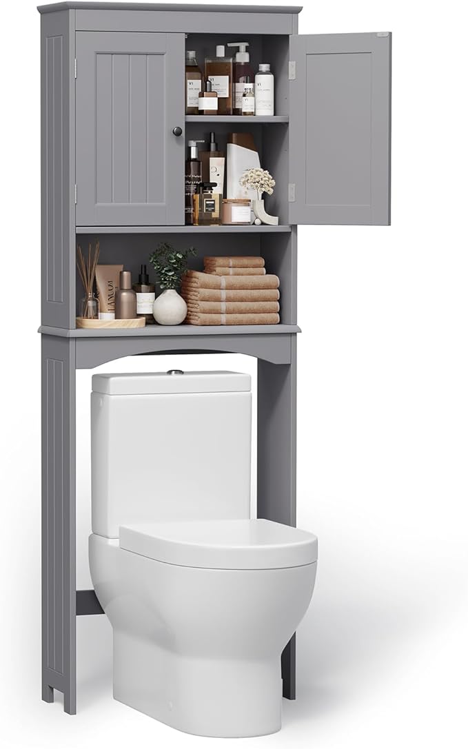Bealife Over The Toilet Storage Cabinet with Open Shelf, Organizer with Adjustable Shelf and Double Doors,Over The Toilet Storage Shelf Free Standing (Grey)