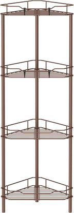 4 Tier Floor Standing Corner Shower Caddy Organizer Shelf with Hooks, Bathroom Shelves Stand Rack, Coffee
