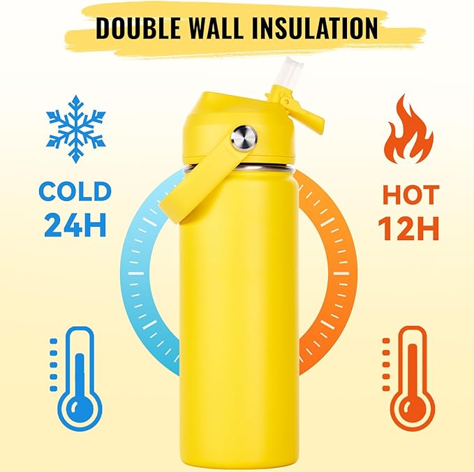 18oz Insulated Stainless Steel Water Bottle, Wide Mouth Double Wall Vacuum, Silicone Straw, Sweat & Leak Proof, BPA Free Insulated Water Flask for Travel, Keep Cold 24h Hot 12h, Yellow