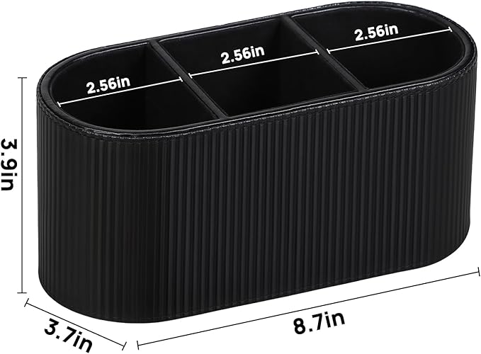 Aesthetic Remote Control Holder, PU Leather Pen Holder for Desk with 3 Compartments for Home Office Supplies and Accessories, Stylish Bedside Remote Holder Nightstand Desktop Organizer (Black)