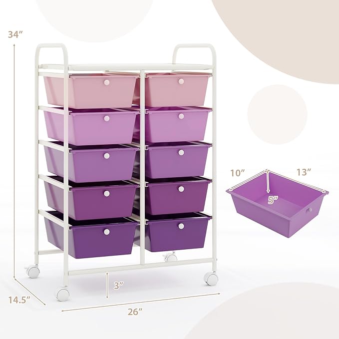 RELAX4LIFE 10-Drawer Rolling Storage Cart - Mobile Craft Art Supply Storage Organizer for Tool Scrapbook Paper Salon, Office School Classroom Teacher Rolling Cart with Drawers, Utility Cart on Wheels