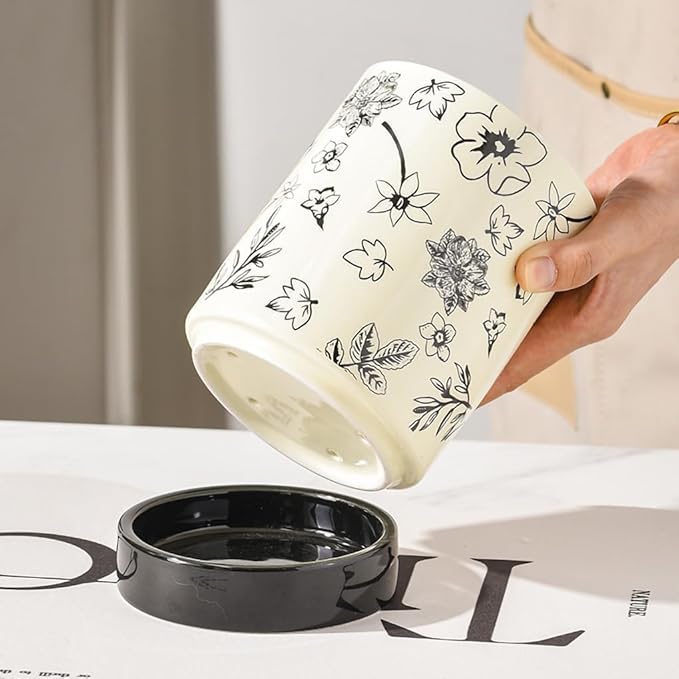 WAIT FLY Vintage Floral Porcelain Kitchen Utensil Holder with Bottom Flatware Storage Organizer Utensil Crock for Countertop Kitchen Counter Decor-Black