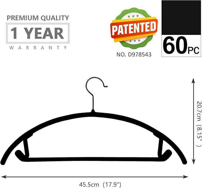MIZGI Premium Velvet Hangers 60 Pack Heavyduty- Non Slip No Shoulder Bump Suit Hanger- Black Hooks,Space Saving Clothes Rounded Shape for Coat,Sweater,Jackets,Pants
