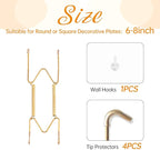 Plate Hangers for The Wall, Suitable for 6-8 inch Decorative Plate, Stainless Steel Wire Plate Holder with Wall Hooks and Rubber tip Protectors, Plate Hangers for Displaying Plates, Platter, Gold