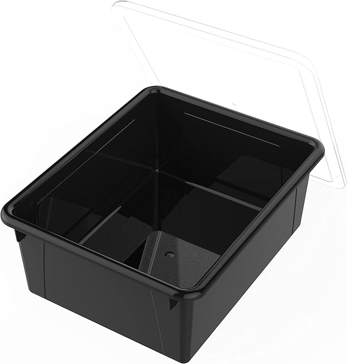 Storex Letter Size Deep Storage Tray – Organizer Bin with Non-Snap Lid for Classroom, Office and Home, Black, 5-Pack (62543A05C), 10 x 13 x 5 Inches