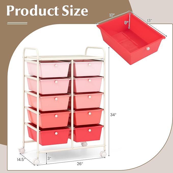 RELAX4LIFE Rolling Storage Cart with 10 Drawers - Craft Storage Cart with Lockable Wheels,Utility Cart, Art Cart Organizer for Crafting Storage, Studio, Office, Home, School Rolling Drawer Cart