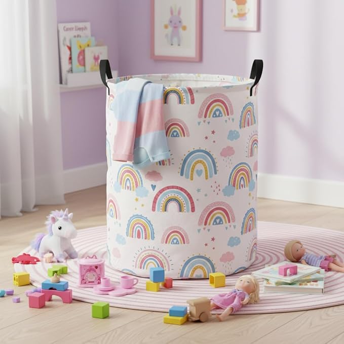 Baby Laundry Basket Baby Nursery Hamper Kids Laundry Basket Toy Storage Bin for Boys Room Decor Gift Baskets for Bedroom Bathroom(Blue Rainbow)