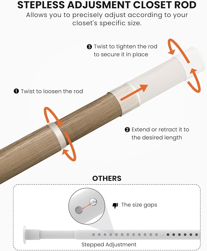 Closet Rods for Hanging Clothes, 17 to 69 Inches Stepless Adjustable Metal Closet Rod, 1.3 Inches Heavy Duty Clothes Hanging Rod for Closet Wardrobes Laundry RV(Wood Grain)
