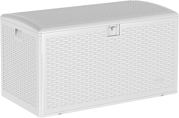 Garvee 120 Gallon Waterproof Large Resin Deck Box Indoor Outdoor, Lockable Storage Container for Patio Furniture Tools, Waterproof Deck Box with Hydraulic Rod Patio Storage Bin for Pool Garden, White