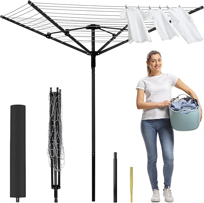 Outdoor Umbrella Drying Rack, 4-Aluminum Arms Folding Rotary Dryer with 12 Lines 165 ft Drying Space Adjustable Height Clothesline w/Waterproof Cover & Ground Spike for Garden Backyard(Black)