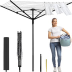 Outdoor Umbrella Drying Rack, 4-Aluminum Arms Folding Rotary Dryer with 12 Lines 165 ft Drying Space Adjustable Height Clothesline w/Waterproof Cover & Ground Spike for Garden Backyard(Black)