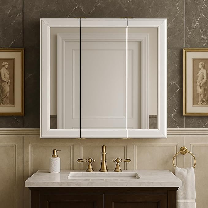 Design House Wyndham, 30 in W x 4.5 in D x 24 in H Bathroom Medicine Cabinet, Wall Mounted, 3 Mirror Doors, White, 535864-WHT