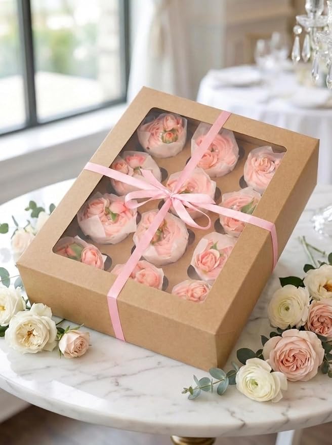 Bakepacker 12 Cupcake Containers 20-Packs Brown 12 Count Cupcake Boxes with Window Cupcakes Carrier, 13"x10"x3.5"（Auto-pop up）