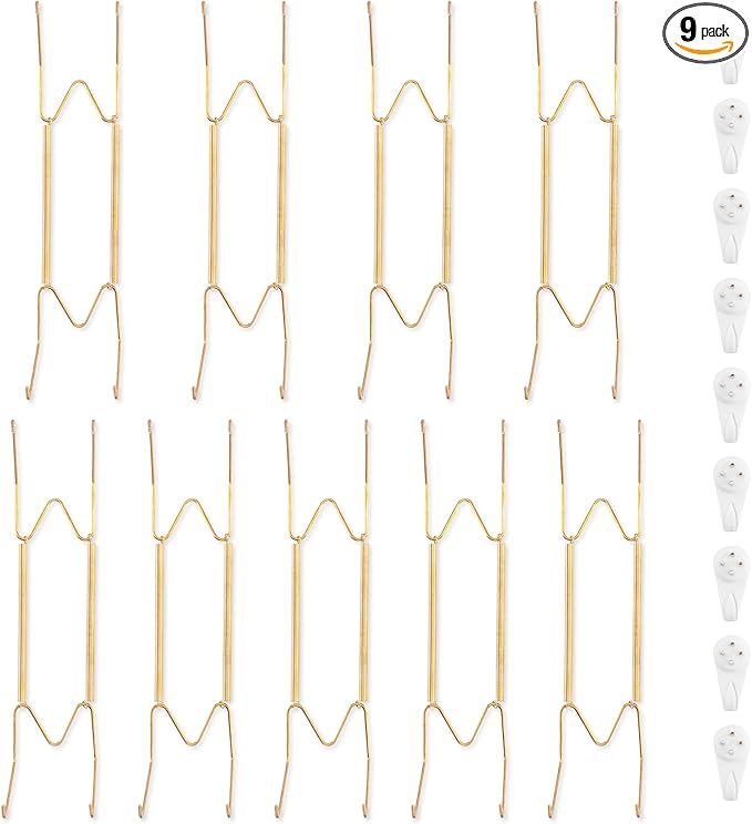 Bilillo 9 Pack Plate Hangers for Wall, Suitable for 10-14 Inch Decorative Plates, Invisible Stainless Steel Heavy Duty Wire Holders with Springs and 9 Pcs Wall Hooks for Displaying Dishes and Platters