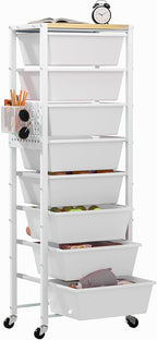 Rolling Cart with Drawers, Rolling Storage Cart with 8 Large Plastic Drawers & Wooden Tabletop, Utility Cart with Pegboards & Basket, Storage Drawers Cart for Living Room, Classroom, Bedroom, Office
