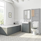 Pemberly Row Over the Toilet Storage Cabinet, Light Gray and Oak Finish, Engineered Wood, 3 Open Shelves, 2 Enclosed Shelves, Modern Bathroom Organizer, Space-Saving Design, 9.5” D x 23.5” W x 67” H