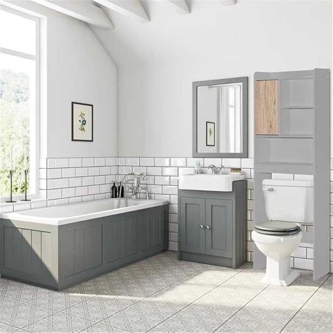 Pemberly Row Over the Toilet Storage Cabinet, Light Gray and Oak Finish, Engineered Wood, 3 Open Shelves, 2 Enclosed Shelves, Modern Bathroom Organizer, Space-Saving Design, 9.5” D x 23.5” W x 67” H
