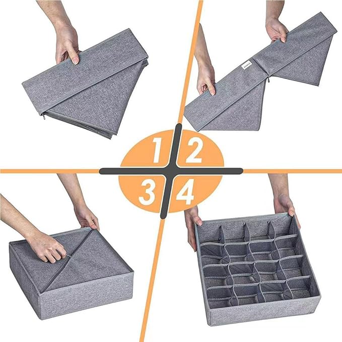 Underwear Organizer with Drawer Dividers, Foldable Fabric Dresser Closet Organizers Bins, Bedroom Cabinet Organization and Storage Box for Baby Clothes, Undies, Ties，Sock-Dark Grey (16cell)