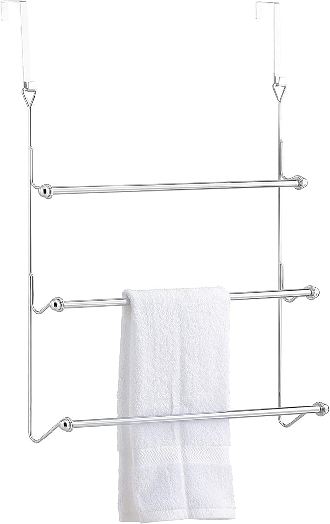 MyGift 3 Tier Over The Door Towel Rack for Bathroom, Over The Door Bath Towel Bar, Hand Towel Holder, Behind Shower Door Drying Rack for Laundry, Chrome-Plated