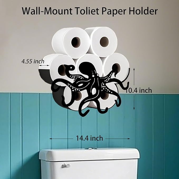 Octopus Toilet Tissue Holder,Animal Paper Holders,Decorative Metal Papers Holder,Funny Toilet Animal Storage for Bathrooms,Bathroom Paper Organizer for Extra 8 Rolls Wall Mounted Art Decor