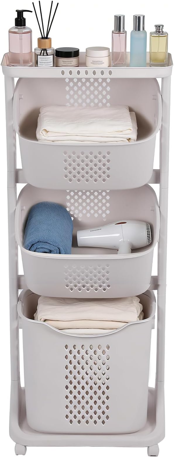 3-Tier Laundry Sorter Cart with Wheels, Large 75L Capacity Hamper Organizer, Rolling Storage with Removable Mesh Bins for Heavy Duty Use in Home, Dorm, Apartment (17.32"x13.1"x42.59")