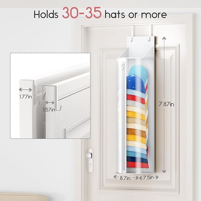 Hat Rack for Door and Closet – Large Capacity Hanging Hat Rack Organizer Holds 30-35 Caps, Over the Door Hat Storage Organizer for Bedroom, Entrance or Dorm, 2 Pack, White