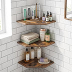 SUYU Set of 3 Floating Corner Shelves, 11.8" Rustic Wood Corner Shelf Wall Mounted, L-Shaped Corner Wall Shelf for Bathroom, Bedroom, Living Room, Kitchen, Office Organizer, Rustic Brown