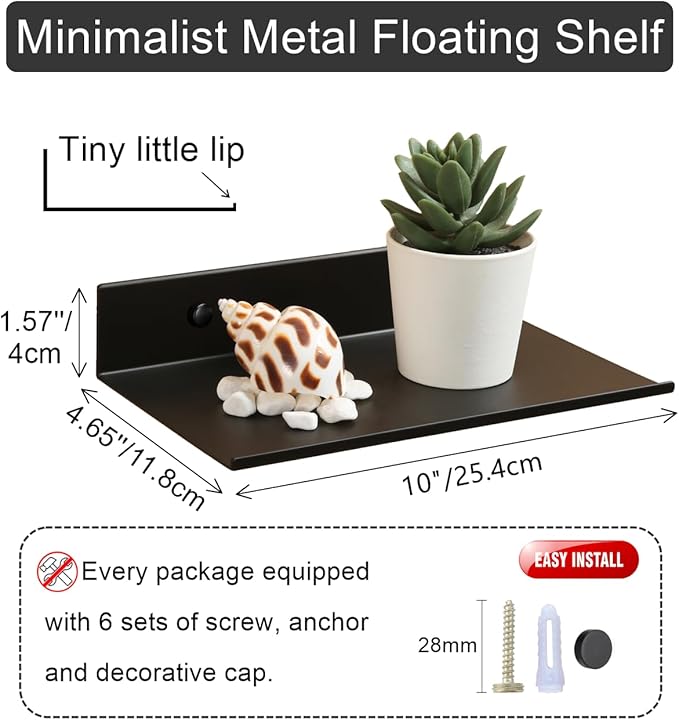 Z metnal Small Metal Shelves, Mini Floating Shelf for Collection Action Figures Speaker, Decor Display Wall Shelf, Aluminum, Wall Mounted, Matt Black, 10 inch, 2 Pack