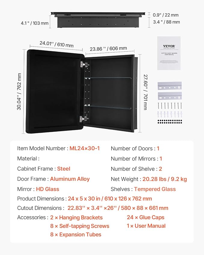 VEVOR Medicine Cabinet, 24 x 30 inch, Medicine Cabinet for Bathroom with Mirror, Aluminum Frame Bathroom Wall Cabinet, 2-Layer Adjustable Shelves, Recessed & Wall-Mounted Installation