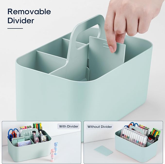 Multiuse Caddy Organizer with Handle - Stackable Plastic Tote Bin - Art Craft Supplies, Office, Desk, Stationery Pen Holder, Kitchen, Utensil, Makeup, Bathroom, Shower, Cleaning, Dorm Organizer - Mint