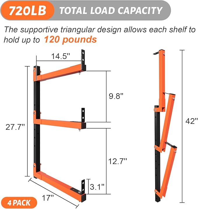 27" Lengthened Lumber Storage Rack, 6-Hole Adjustable Wall Mount Wood Organizer Storage Metal Shelves for Garage (4 Pack)