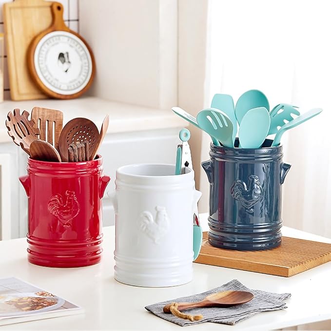 WAIT FLY Embossed Rooster Porcelain Kitchen Utensil Holder Flatware Storage Organizer Utensil Crock for Countertop Kitchen Counter Decor-Blue