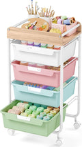 Rolling Craft Storage Cart with 4 Drawers,Utility Cart with Drawers,Art Craft Organizers and Storage,Kids Craft Cart,Kids Art Cart With DIY Lable and Wooden Tabletop Area,Colorful