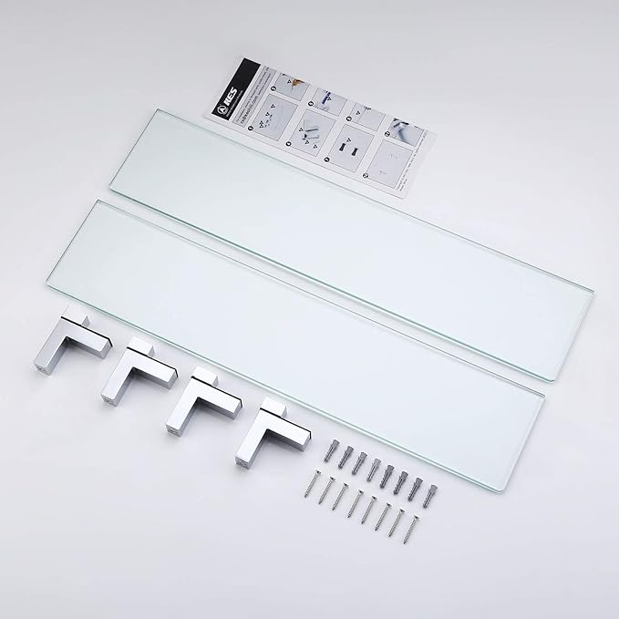 KES Glass Shelf for Bathroom, 24 Inch Bathroom Shelf with Tempered Glass and Polished Chrome Bracket Wall Mounted 2 Pack, BGS3201S60-P2