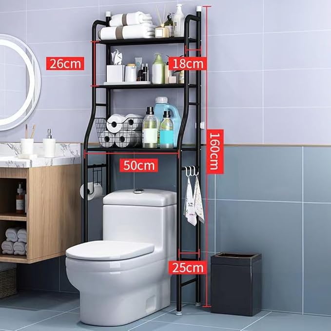 3-Tier Over The Toilet Storage, Over Toilet Bathroom Organizer, Freestanding Metal Bathroom Shelves, Over The Toilet Organizer with Hooks and Paper Holder, Space-Saving, Black