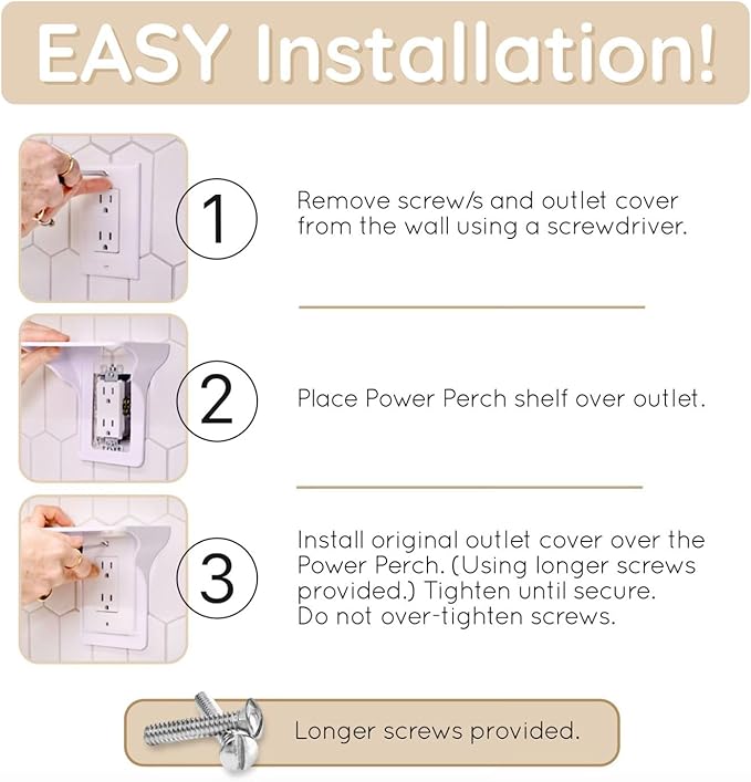 Power Perch Horizontal Wall Outlet Shelf with Cord Storage Strap - Declutter & Reclaim Bathroom Counter Space - Echo Dot Stand, Apple Homepod Shelf, Toothbrush Holder for Bathroom- White, 2-Pack