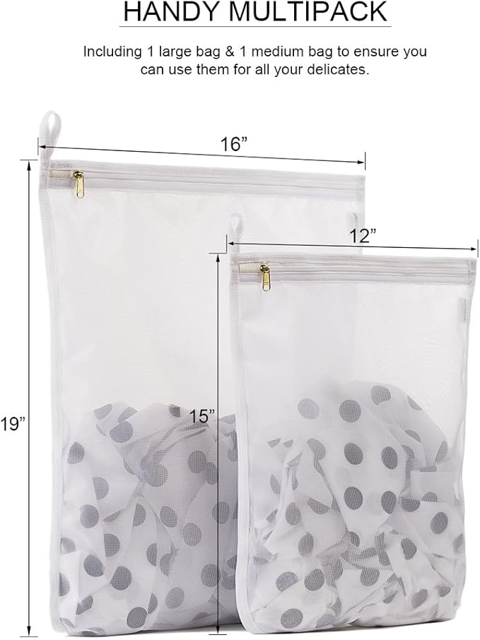 TENRAI Delicates Laundry Bags, Bra Fine Mesh Wash Bag for Underwear, Lingerie, Bra, Pantyhose, Socks, Use YKK Zipper, Have Hanger Loops (White, 1 Large & 1 Medium)