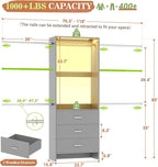 Aheaplus Closet System with Motion-Sensing Light, 3 Wooden Drawers and 4 Hanging Rods, Customizable Walk-in Closet Organizer with 3CCT LED, Heavy Duty Garment Rack for Bedroom,Grey